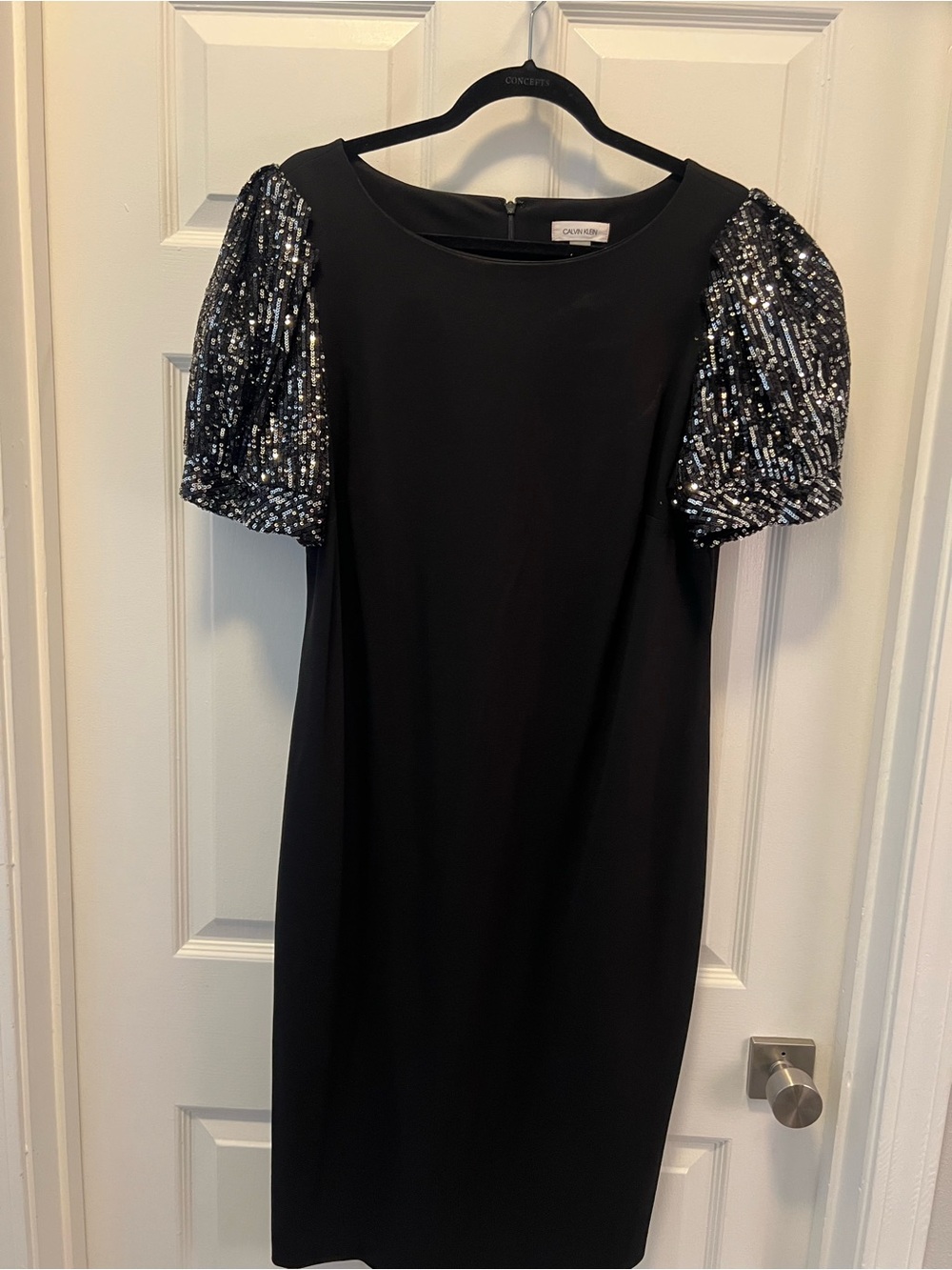 Calvin Klein Black Midi Dress with Sequin Puff Sleeves